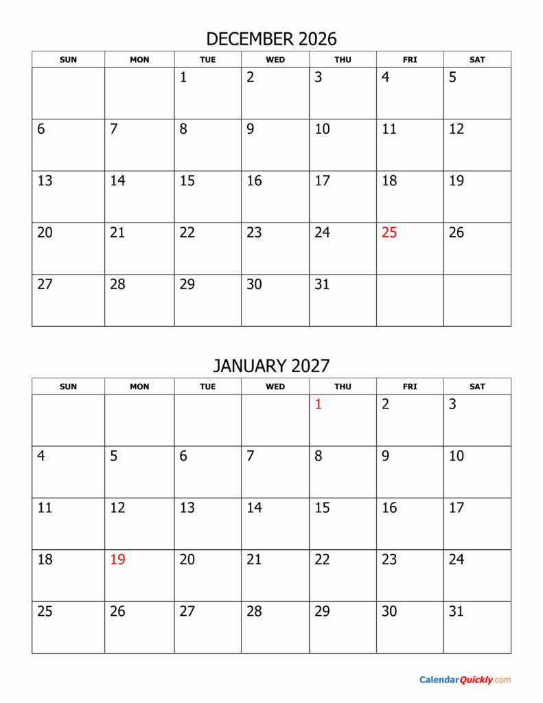 December 2026 And January 2027 Calendar Calendar Quickly