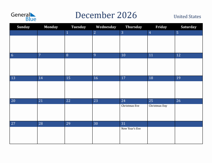 December 2026 Monthly Calendar With United States Holidays