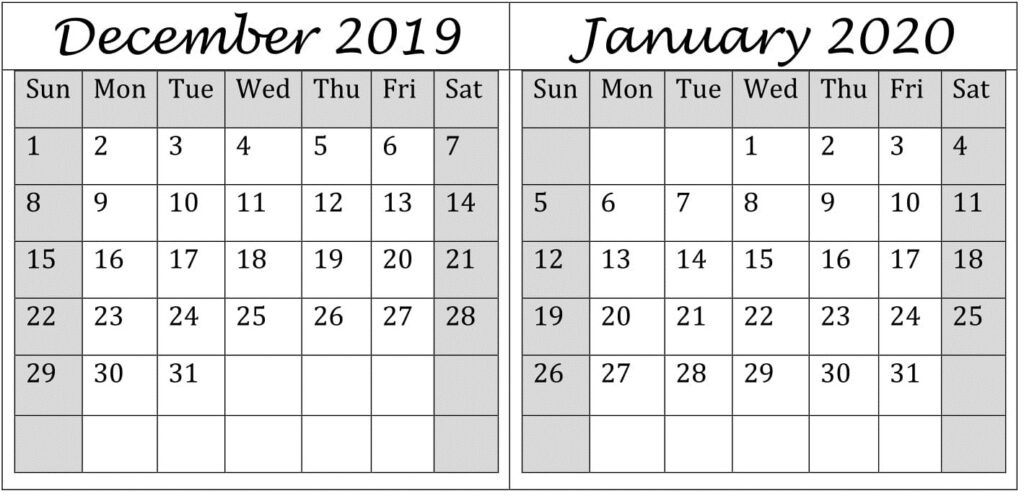 December And January Calendar Printable