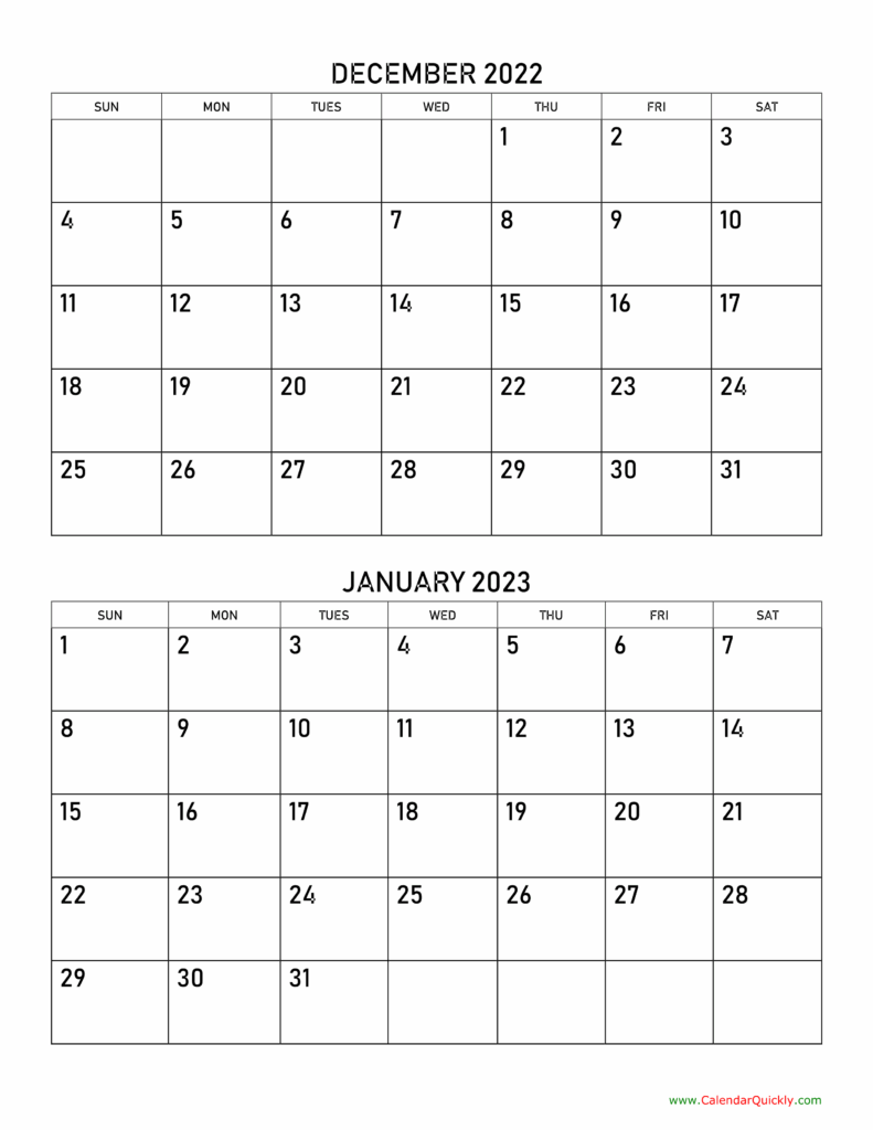 December And January Calendar Printable