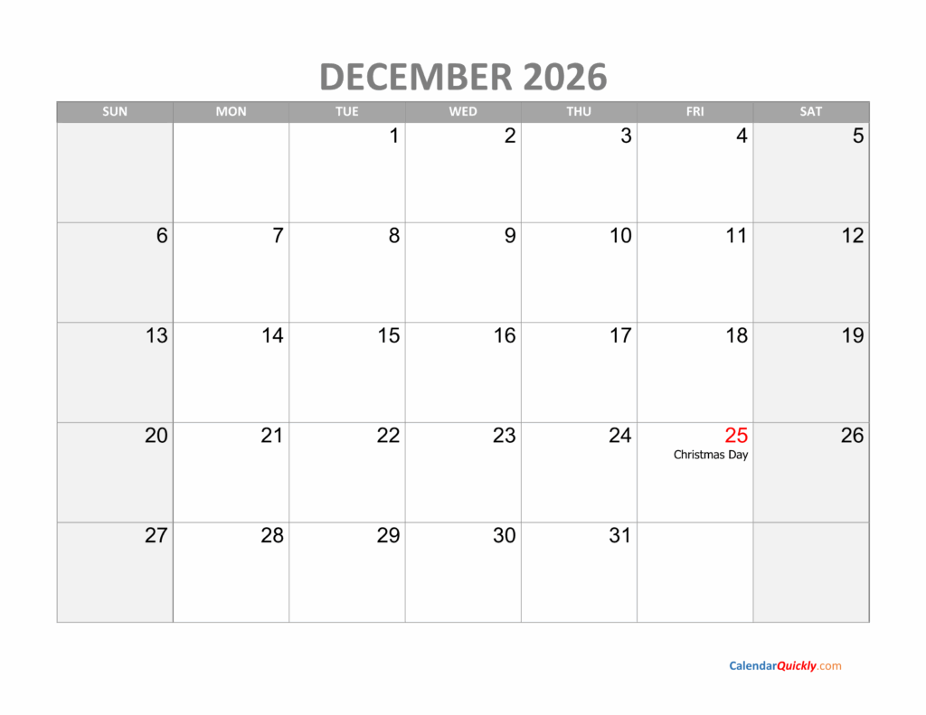 December Calendar 2026 With Holidays Calendar Quickly