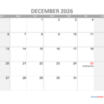 December Calendar 2026 With Holidays Calendar Quickly