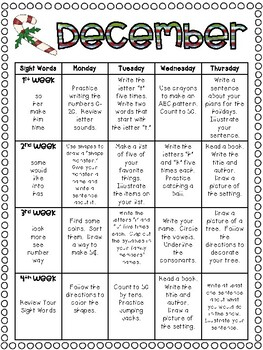 December Homework Calendar A Month Of Homework For Kindergarteners