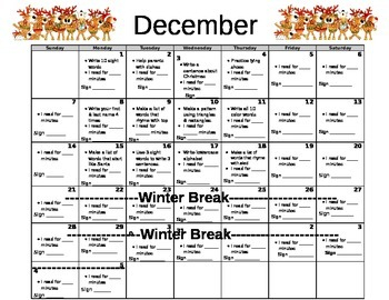 December Homework Calendar Kindergarten Editable By Kindergarten Life