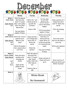 December Monthly Homework For Kindergarten Editable TPT