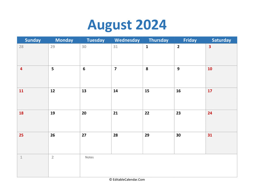 Download 2024 Printable Calendar August Word Version 