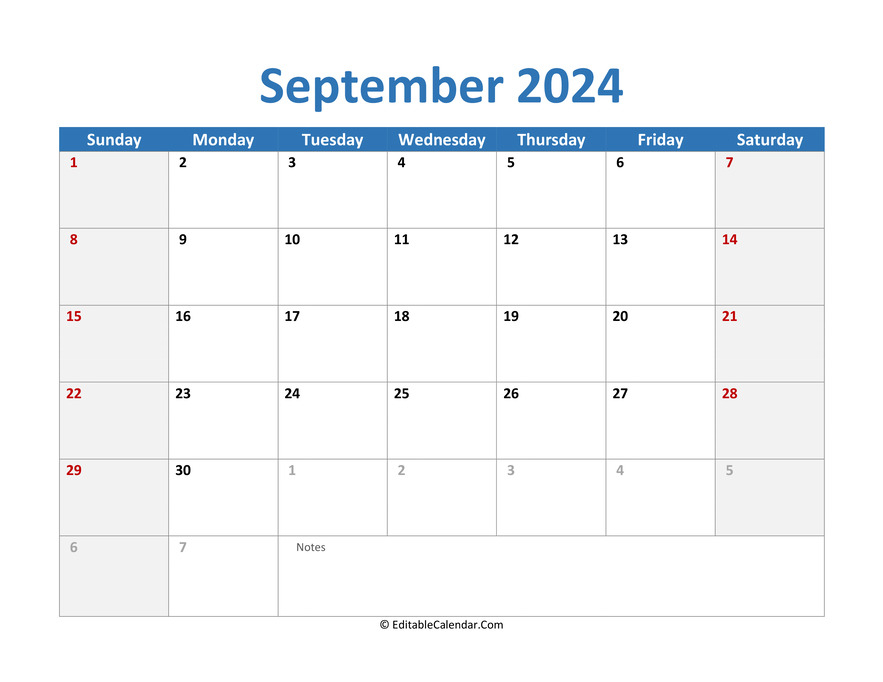 Download 2024 Printable Calendar September Word Version 