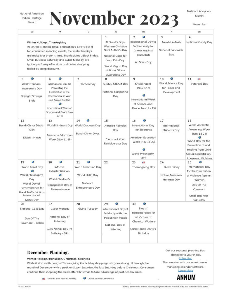 Download A Free Printable November 2023 Calendar Complete With Popular 