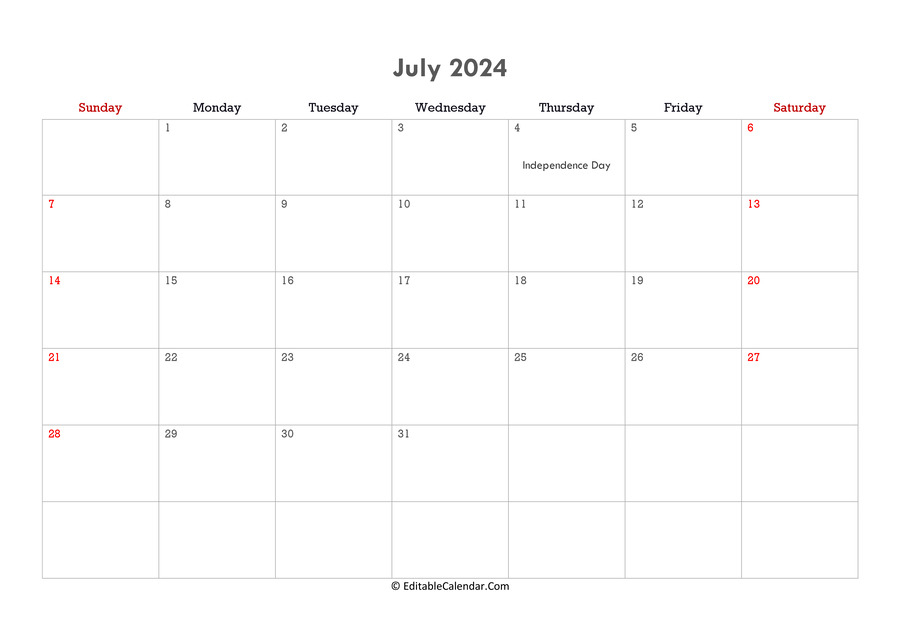 Download Editable Calendar July 2024 Word Version 