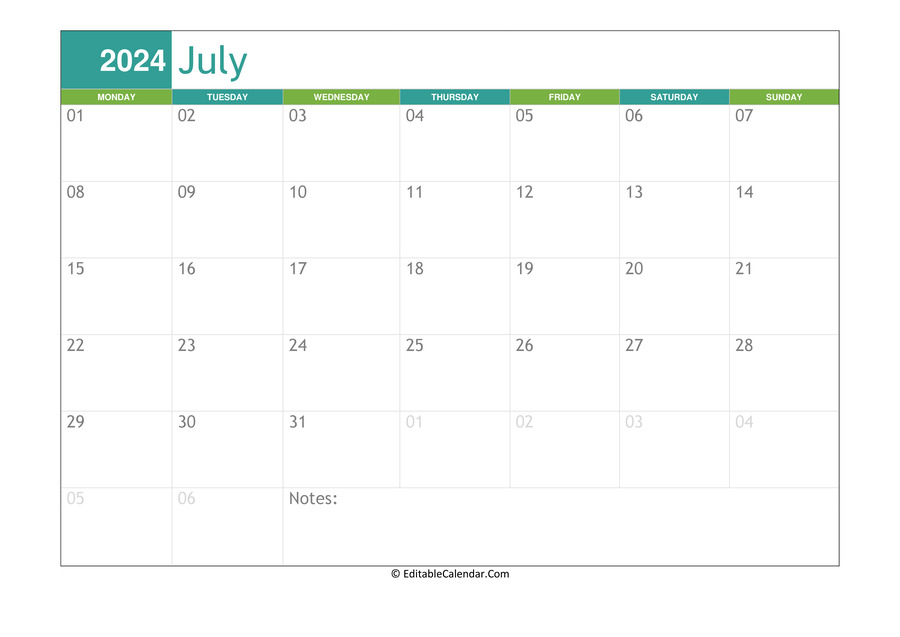 Download July Calendar 2024 Printable Word Version 