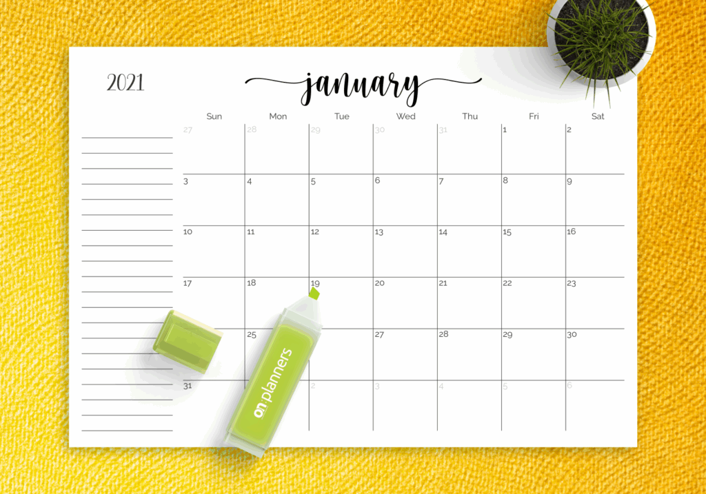 Download Printable Monthly Calendar With Notes Section PDF