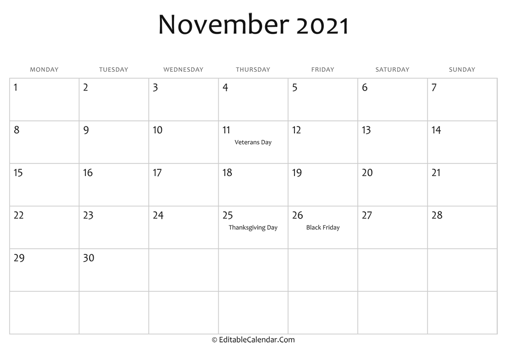 Editable Calendar November 2021