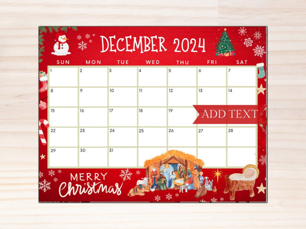 Editable December 2024 Calendar Printable Merry Christmas Calendar 