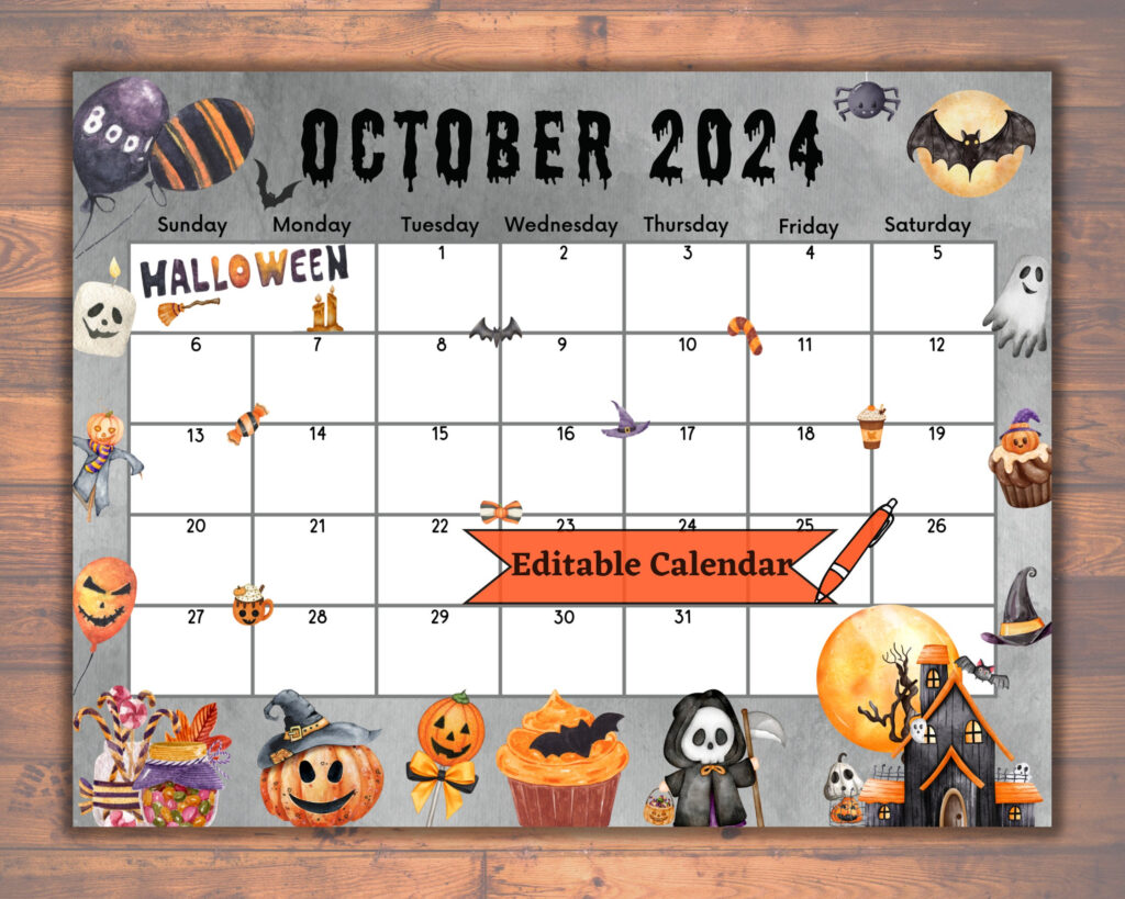 Editable Fillable October 2024 Calendar For Spooky Happy Halloween 