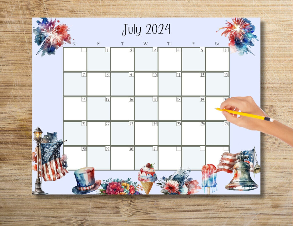 EDITABLE July 2024 Calendar 4th Of July Calendar Red White Etsy