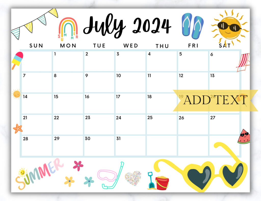 EDITABLE July 2024 Summer Calendar Printable July Calendar Etsy