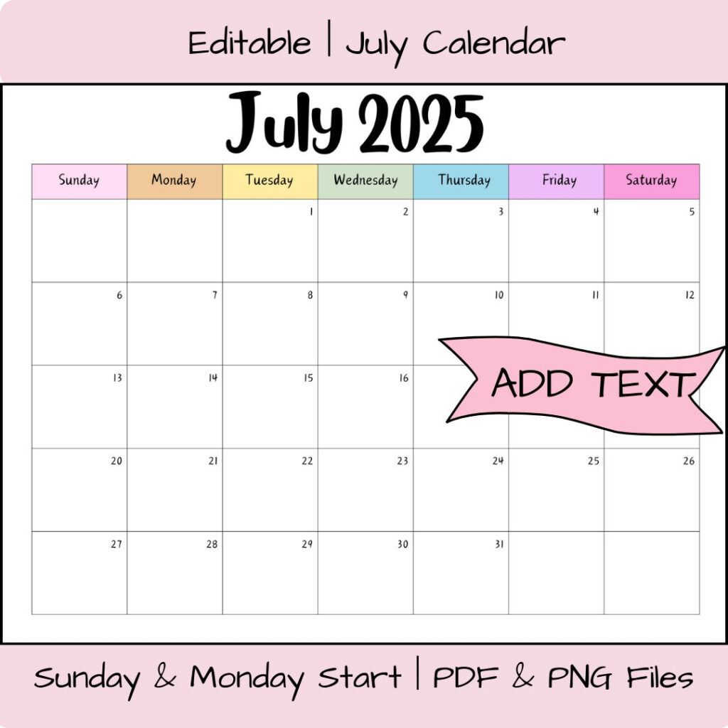 Editable July 2025 Calendar Printable Activity Planner Rainbow 