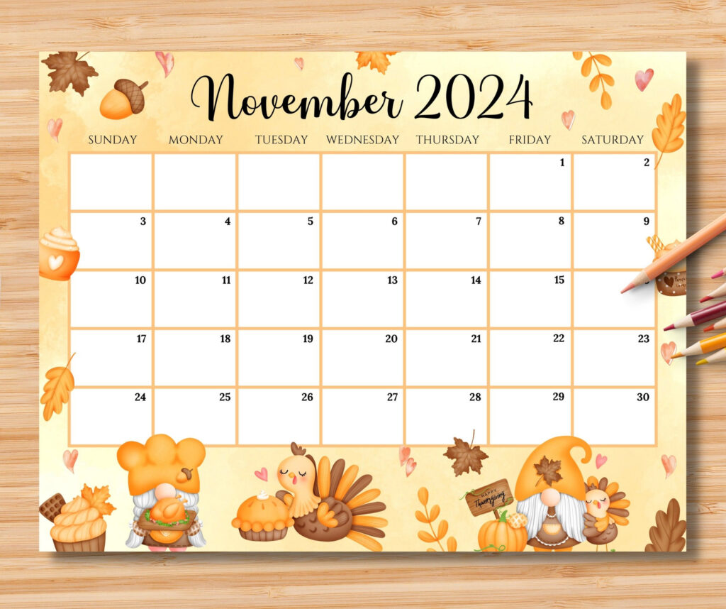 Editable November 2024 Calendar Happy Thanksgiving With Cute Gnomes And 