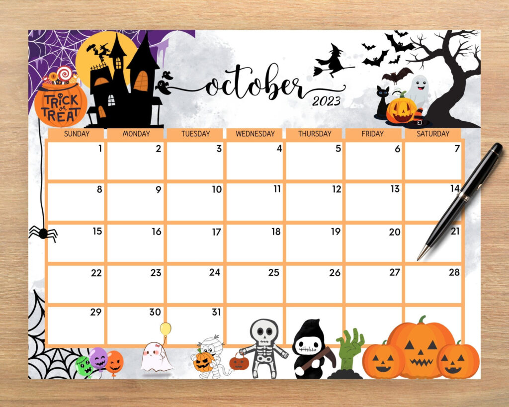 Editable October 2023 Calendar Scary Spooky Halloween Planner 2023 Cute 