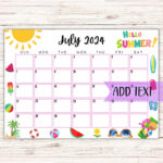 EDITABLE Printable July Calendar 2024 Cute July Calendar Etsy