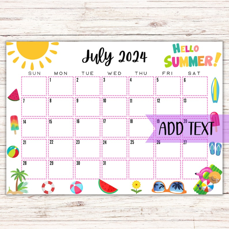 EDITABLE Printable July Calendar 2024 Cute July Calendar Etsy