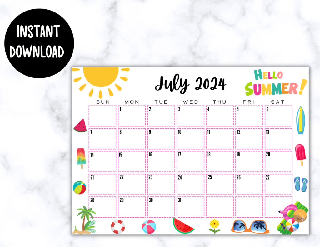 EDITABLE Printable July Calendar 2024 Cute July Calendar Etsy