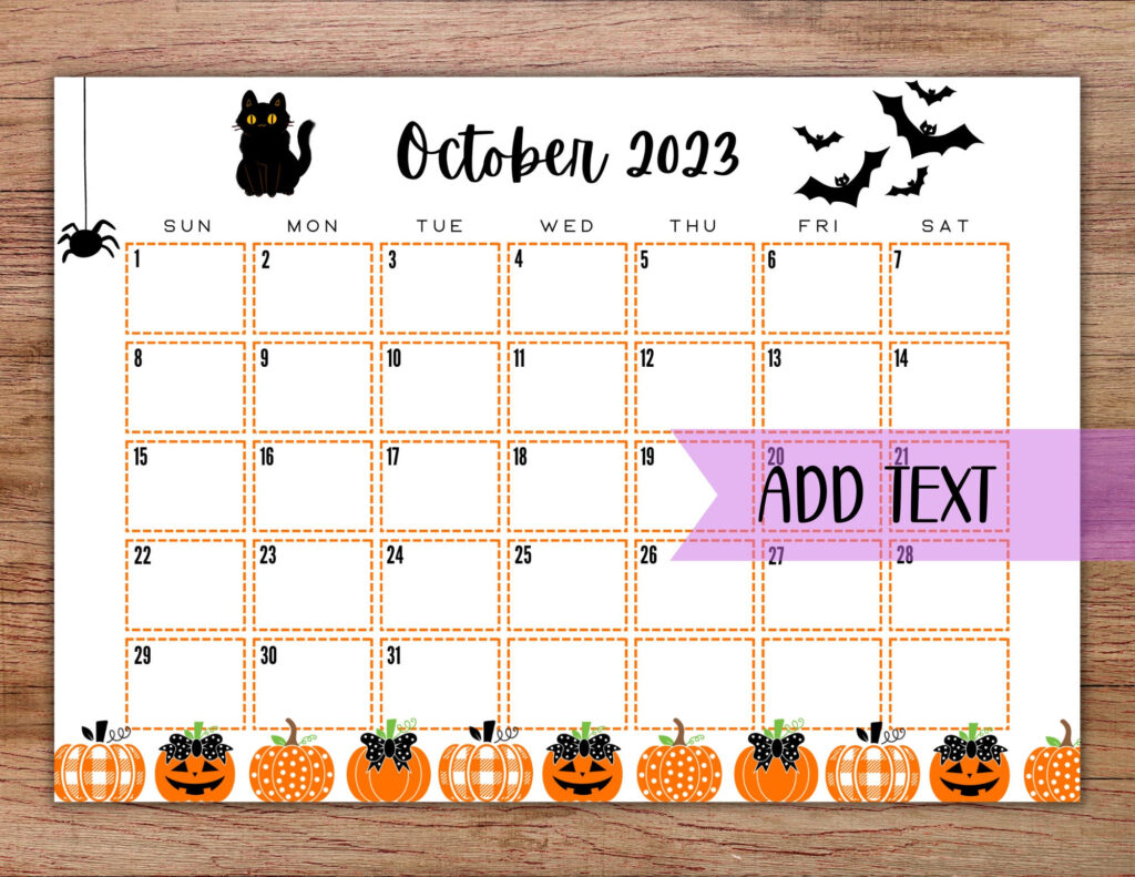 EDITABLE Printable October Calendar 2023 Halloween Calendar Etsy Hong 