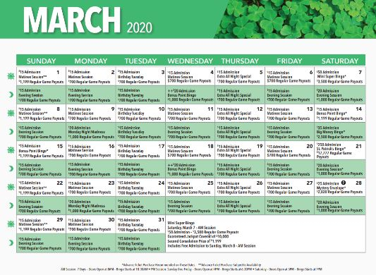 Foxwoods September Bingo Calendar