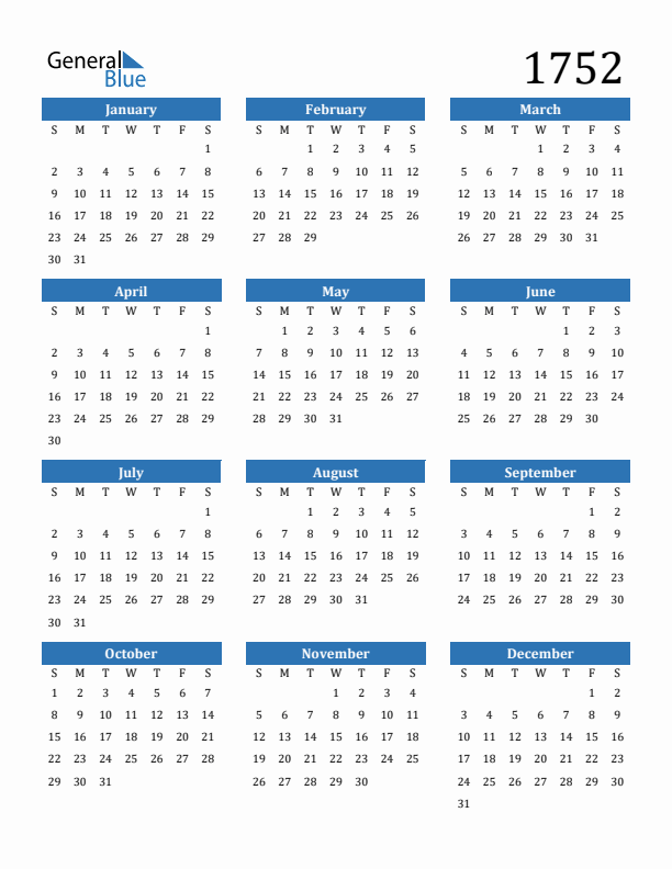 Free 1752 Calendars In PDF Word Excel