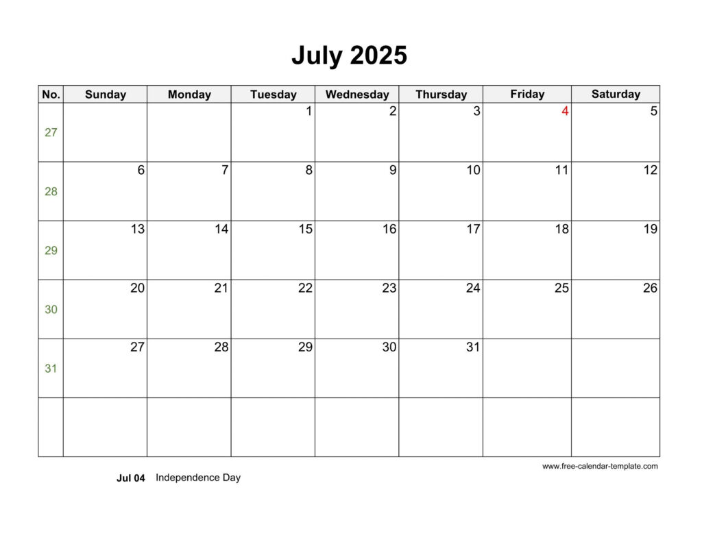 Free 2025 Calendar Blank July Template horizontal Free calendar 