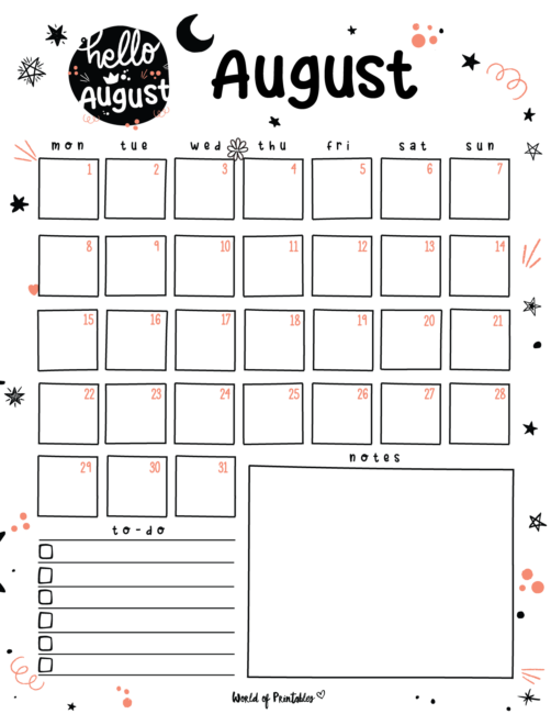 Free Cute August Calendar Planner Set