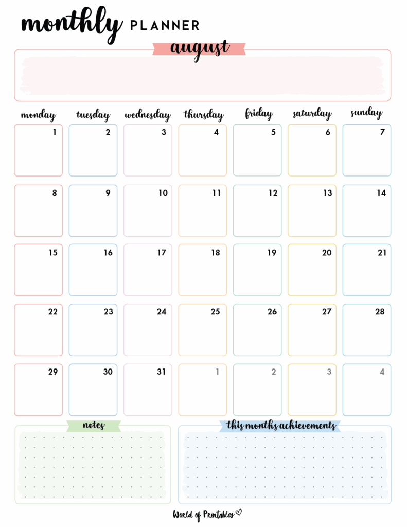 Free Cute August Calendar Planner Set