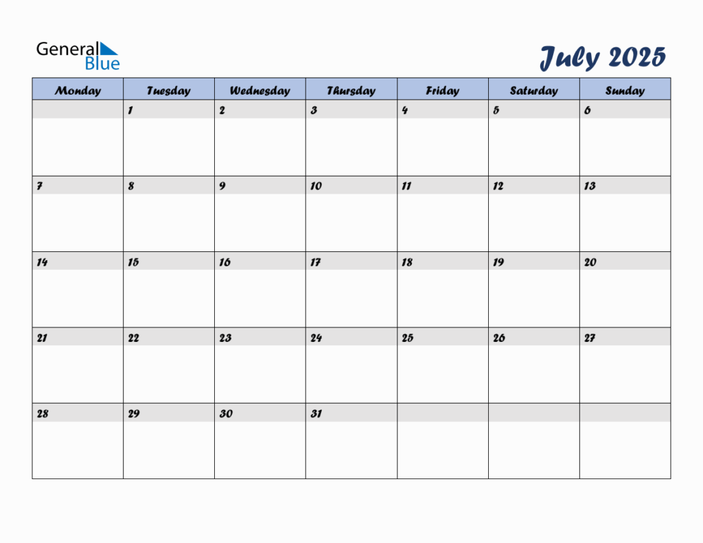 Free July 2025 Monthly Editable Calendar Starting On Monday