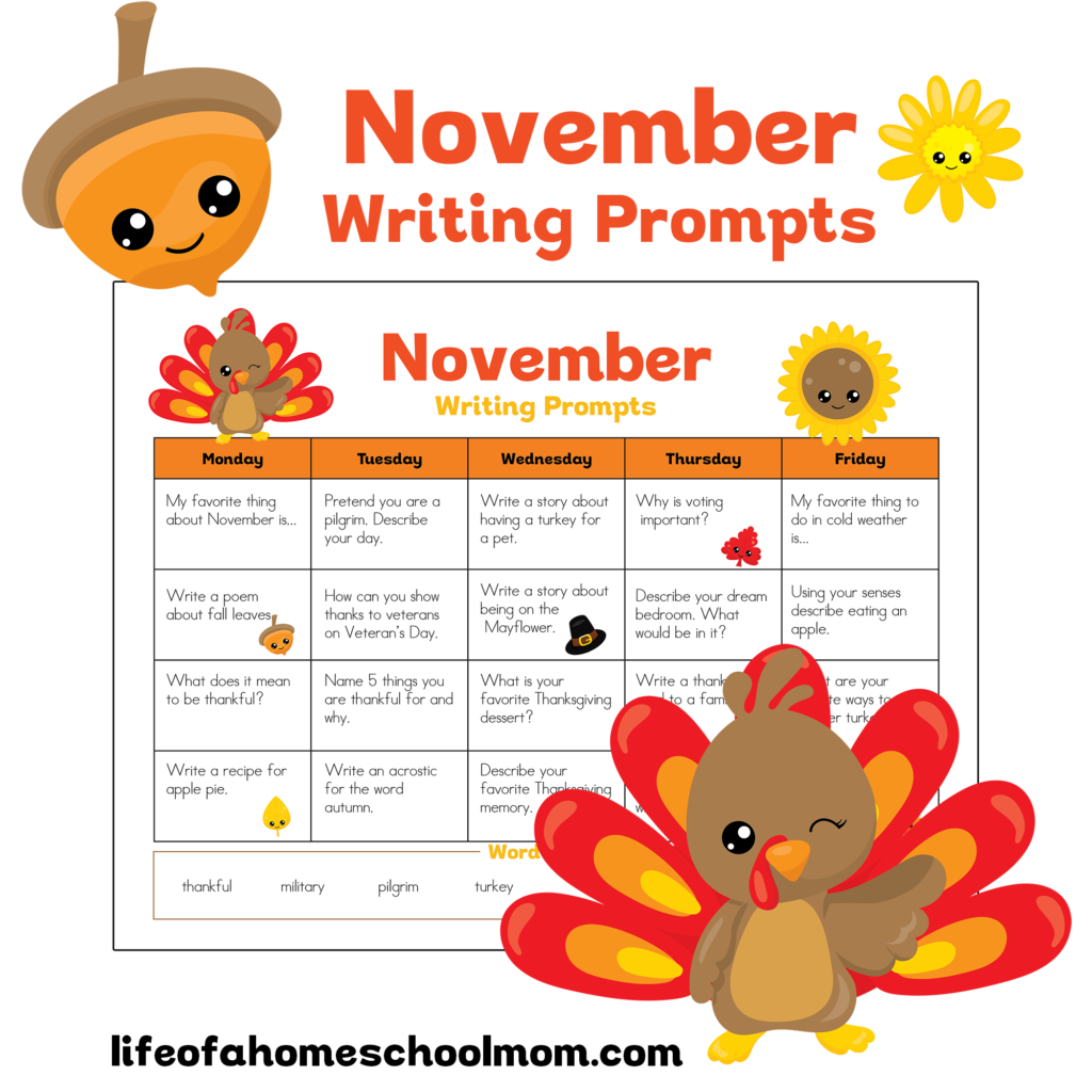 Free November Writing Prompts Calendar Thrifty Homeschoolers