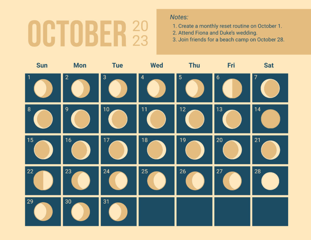 Free October 2023 Calendar With Moon Phases Template To Edit Online