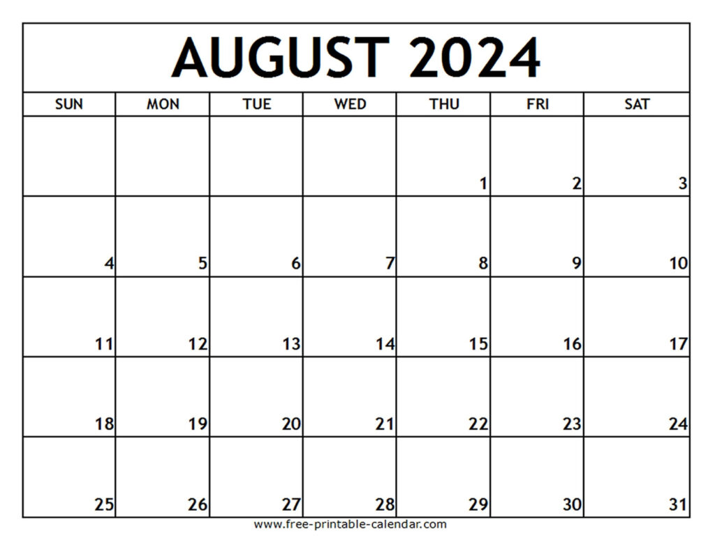Free Printable August 2024 Calender Printable Calendar