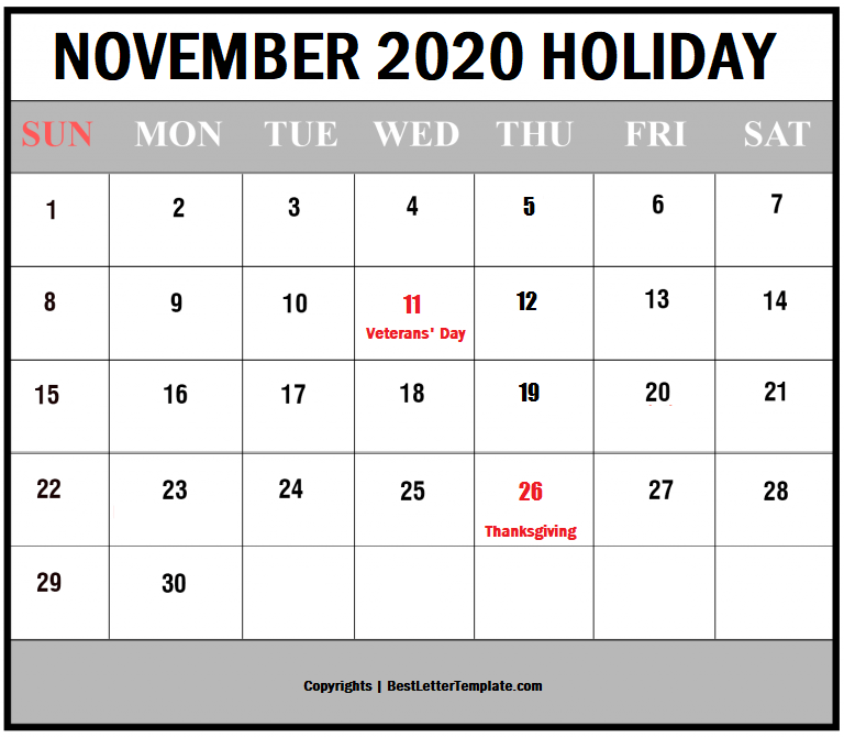 Free Printable November 2020 Calendar Template In PDF Excel Word