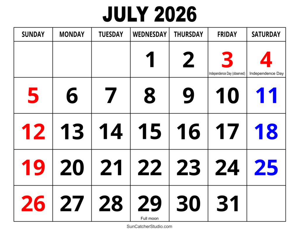 Get Ahead With Our Free Printable Calendar Templates For July 2026 