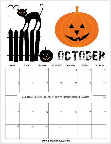 Halloween October calendar Home Printables