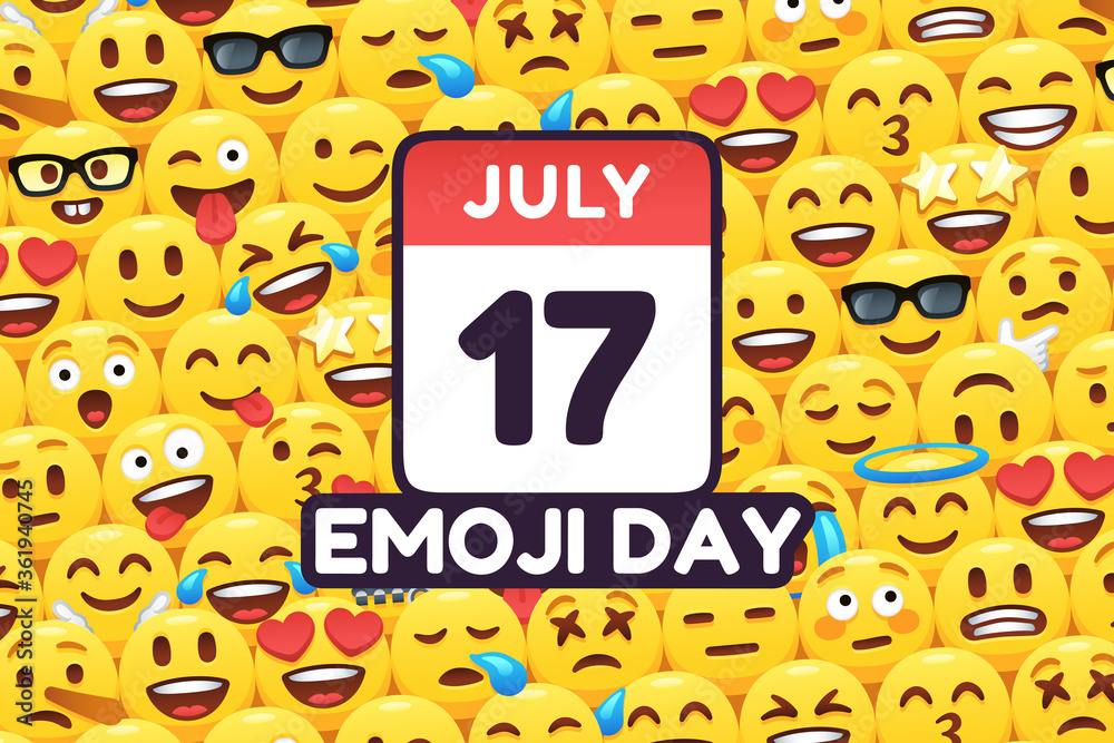 Happy Emoji Day 17 July Calendar Icon On Funny Yellow Emoticon Faces
