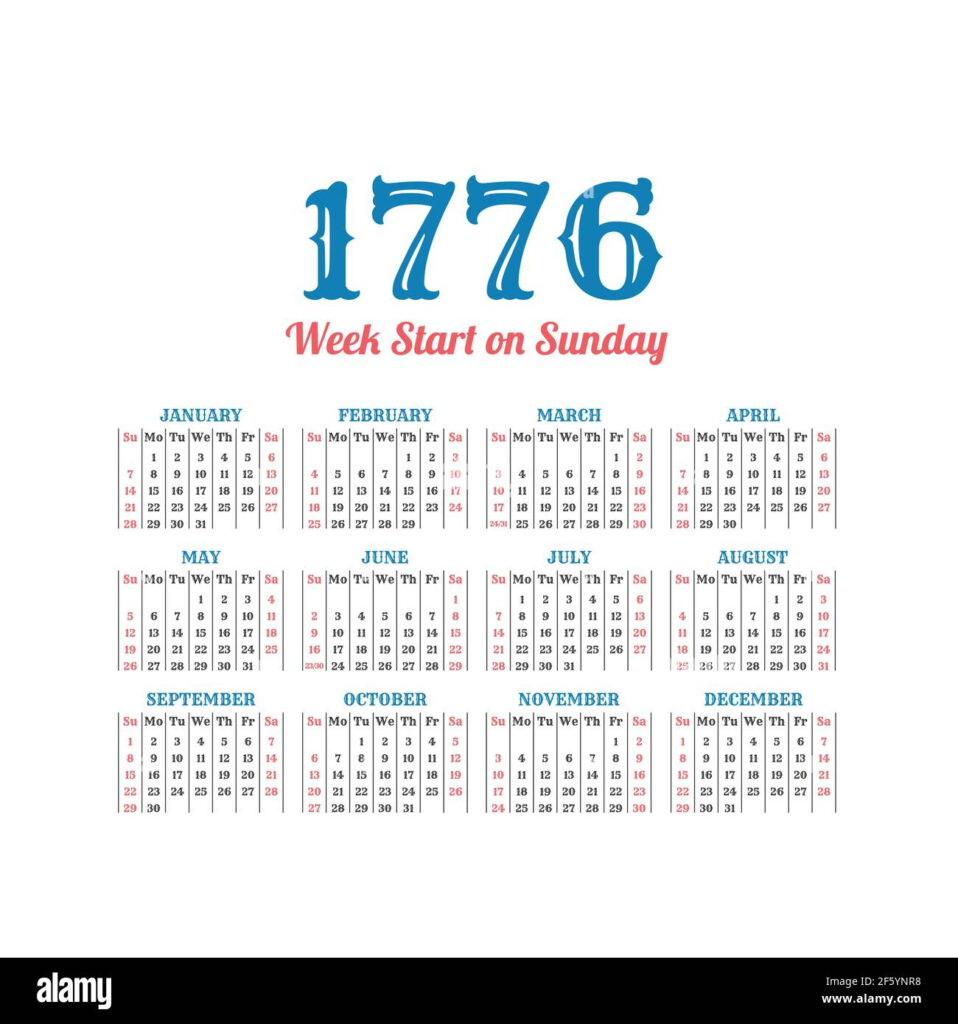Historic Vector Calendar Of 1776 Start On Sunday Stock Vector Image 