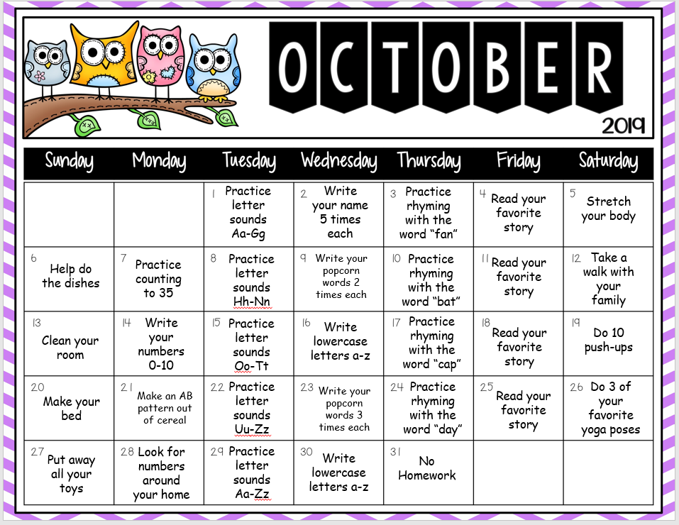 Homework Calendars Mr Muise 39 s Kindergarten Class