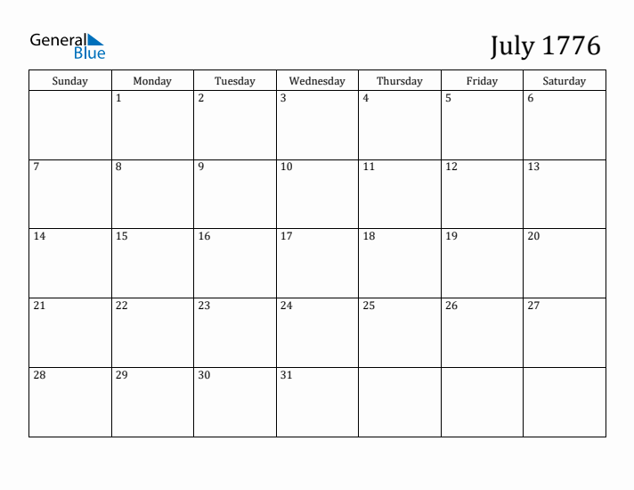 July 1776 Monthly Calendar PDF Word Excel 