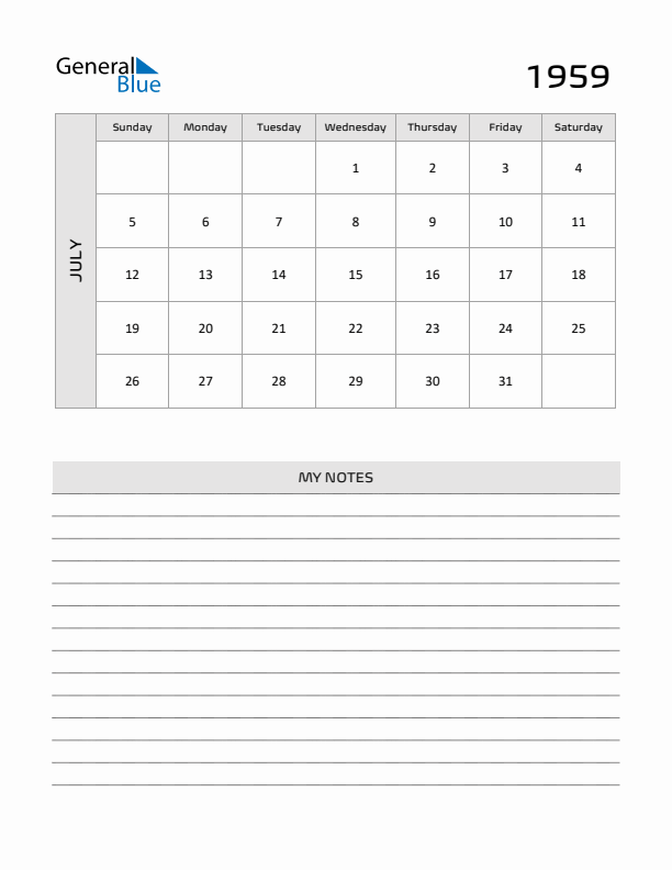 July 1959 Monthly Calendar PDF Word Excel 