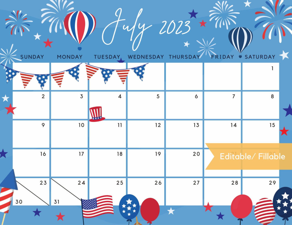July 2023 Calendar Independence Day Patriotic 4th Of July US Holiday 