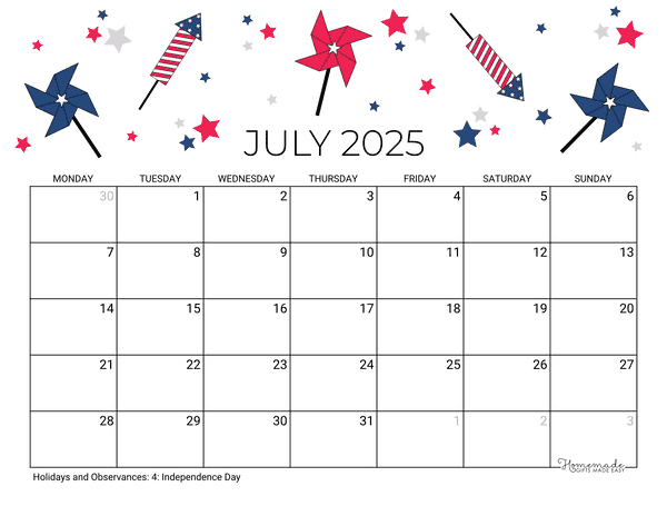 July 2025 Calendar Printable Monday Start Up Amy Ogden