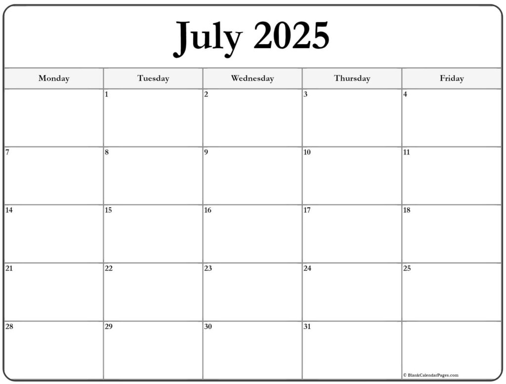 July 2025 Monday Calendar Monday To Sunday