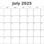 July 2025 Monthly Calendar Template