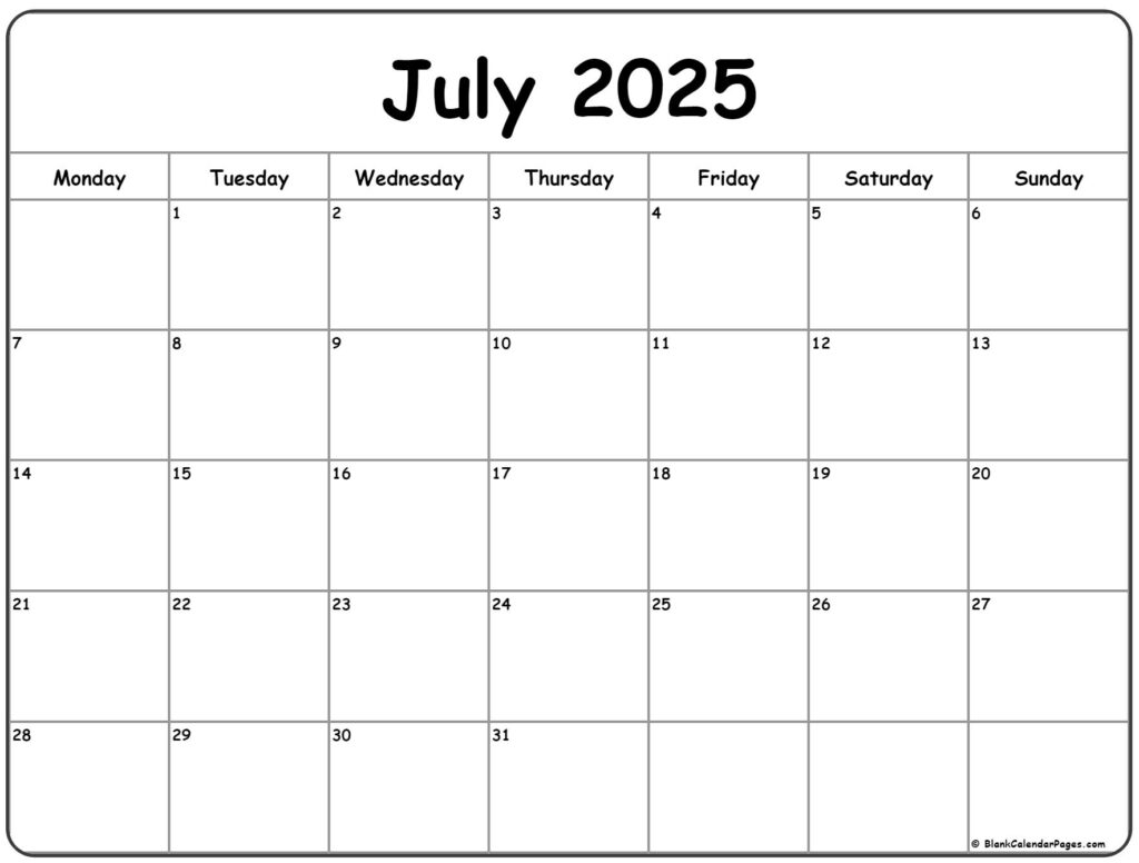 July 2025 Printable Calendar Monday Start Brock Enderby K