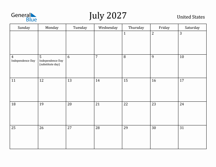 July 2027 Monthly Calendar With United States Holidays